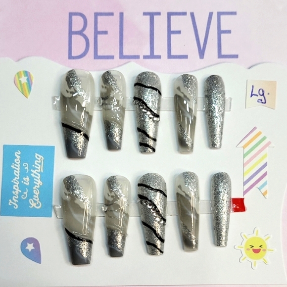 Silver and Black Press-On Nails - Picture 1 of 6